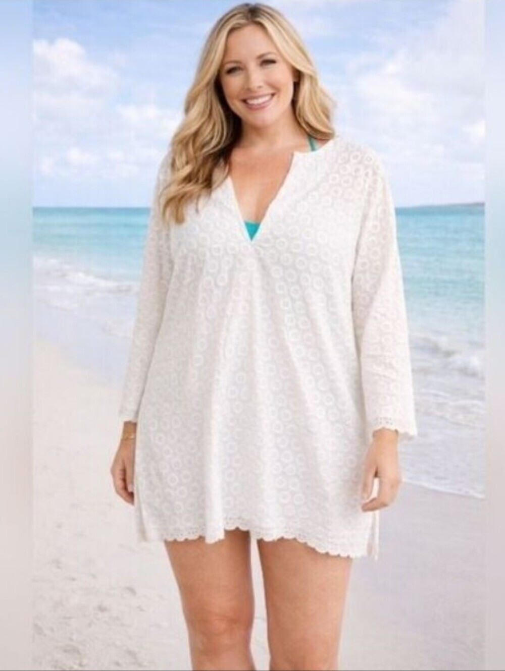 Lands' End White Eyelet Blouse Tunic Pullover Coverup Size 1X